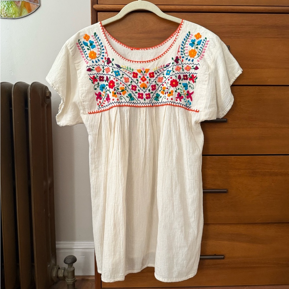 Vintage Mexican Embroidered Boho Floral Gauzy White Cream Top Blouse O/S S/M